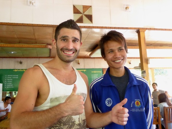 Stef posing with pretty waiter in Kalaw