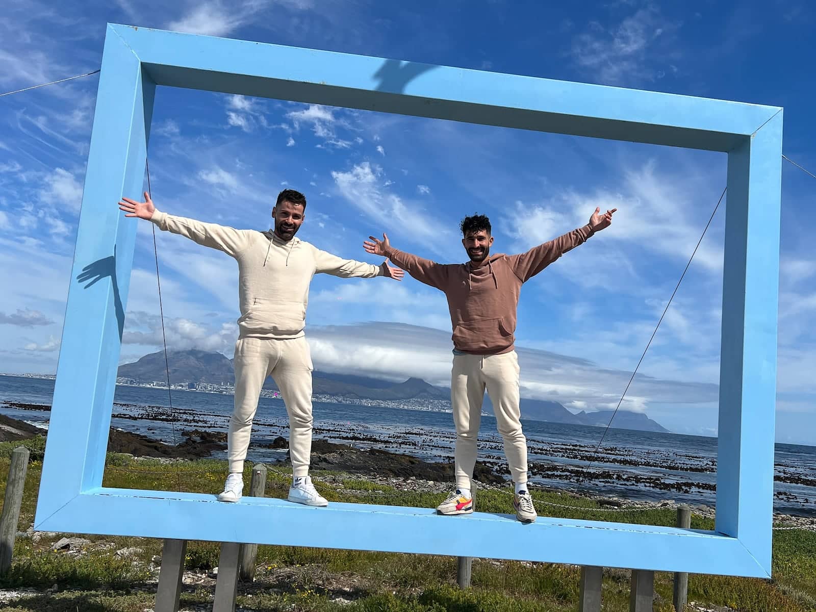 Stef and Seb at Robben Island with Cape Town view.