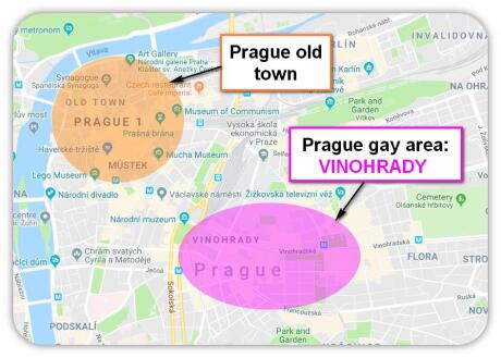 The gay area of Prague is located in Vinohrady gay neighbourhood