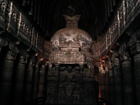 The Ajanta Caves in India are ancient, sacred and filled with amazing paintings and sculptures