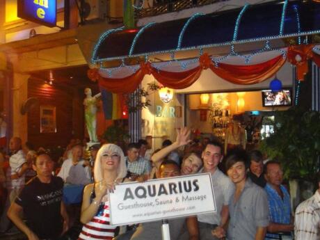 The bar, sauna and restaurant at Aquarius guesthouse are a popular spot for gay guys to start their evening in Phuket's gay Paradise Complex