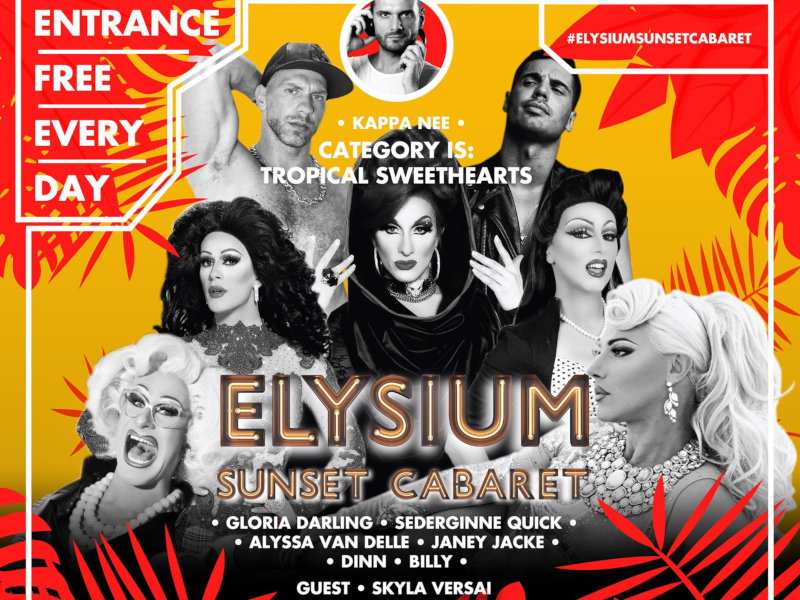 Elysium Hotel on Mykonos is home to a fantastic gay bar which hosts "Sunset Cabaret" drag shows each night