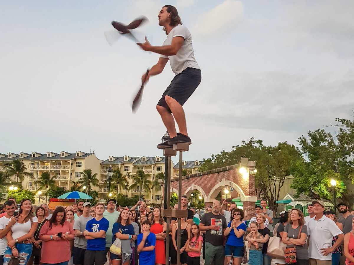 very skilled man juggling in Mallory square in Key West