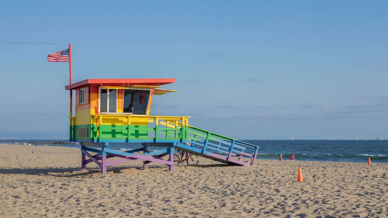 Will Rogers State beach is the original "Baywatch" beach, and so gay even the lifeguard huts are rainbow colored