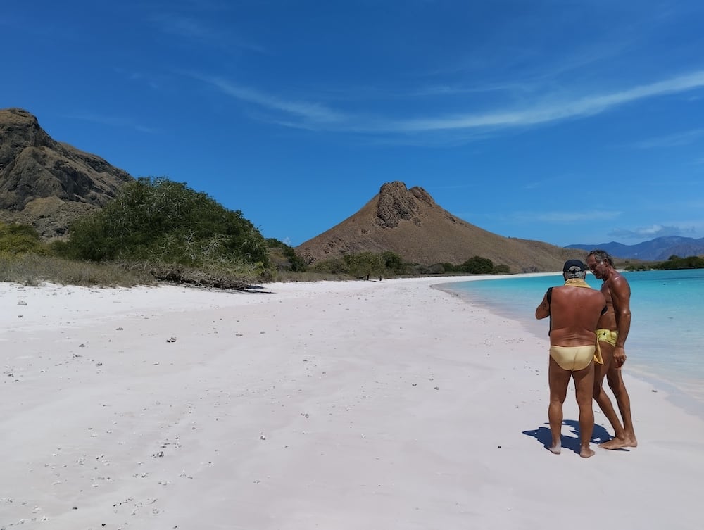 Two men on beach in gold speedos.