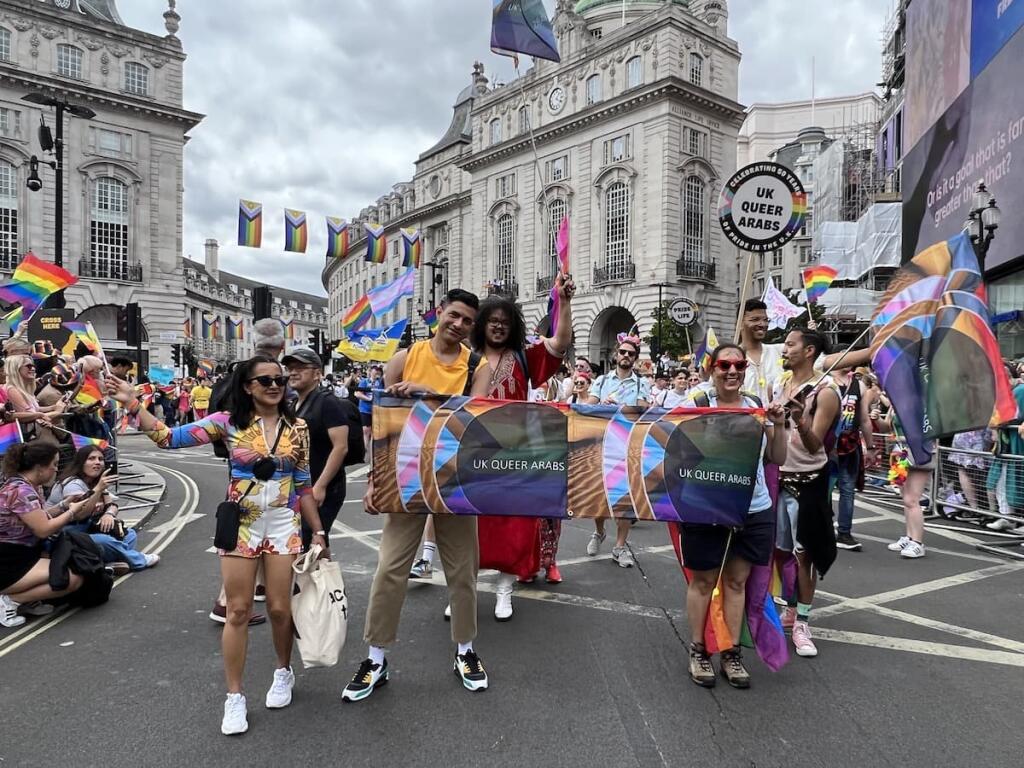 The UK Queer Arabs association marching in the London Gay Pride Parade.