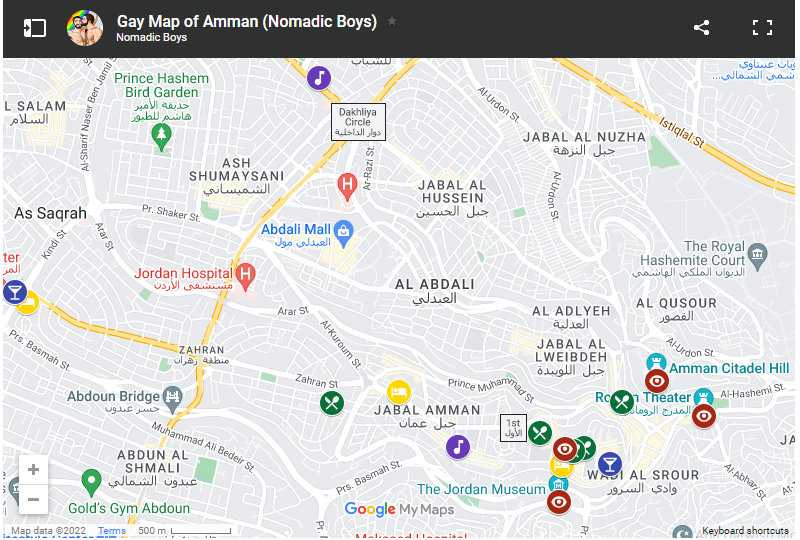 A gay map of Amman with symbols showing all the gay hangouts.