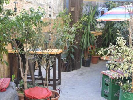 The outdoor courtyard at Samis gay bar in Athens with lots of plants.