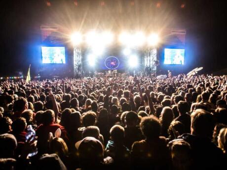 A huge crowd at night at Rocking the Daisies in Johannesburg, lit up by the stage and a performer at the front.